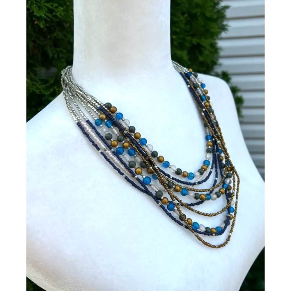 Vintage Egypt-Inspired Statement Necklace | Layered Turquoise Navy Gold Beads - Picture 5 of 12